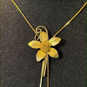 Lariat vintage necklace mesh gold tone rose pendant necklace